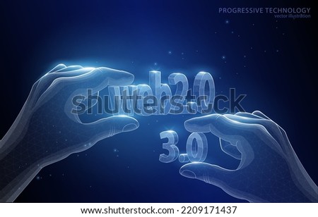 
Vector illustration concept of hands holding 3d inscriptions web 2.0 3.0 on a dark blue background, the idea of ​​internet iteration, social media content, services, development.