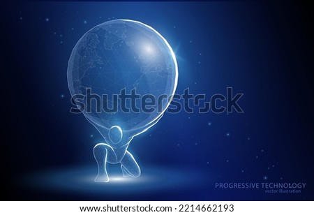 Vector 3d illustration concept, a man holds the planet Earth, on a dark blue background, a symbol of great strength, reliability, endurance, in business or sports.