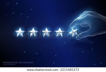 Vector polygonal illustration concept, hand giving fifth star rating, top rating, award, quality, maximum level, in restaurant, hotel, online review business.