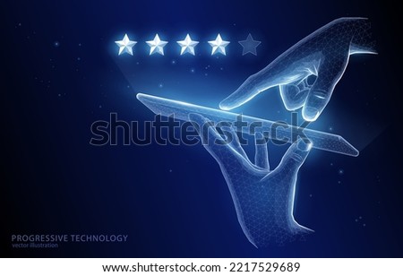 
Vector polygonal illustration, an electronic device in the hands of a smartphone, tablet, stars online assessment, rating, business feedback on the quality of service, product, multimedia.