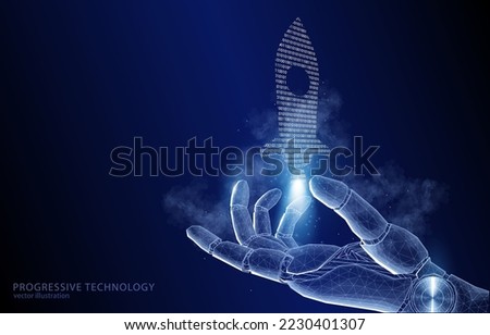 Vector illustration concept of a robot hand over which a rocket consisting of a binary code takes off, symbolizing the development of technology, start-up, idea, growth, rise, development.