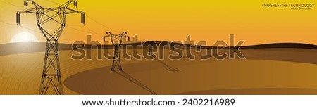 Vector concept illustration, high-voltage power line, against the backdrop of the hot sun and desert, symbol of electricity, modernization, progress, and technology.