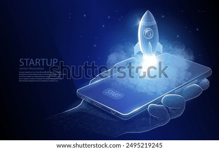 Vector 3D illustration concept, polygonal, close-up, a hand holds a smartphone from the screen of which a rocket takes off, a symbol of an idea, startup, progress, growth, teamwork.