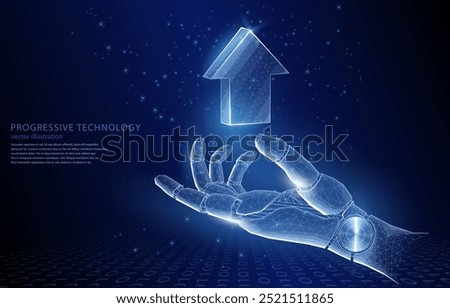 Vector 3D illustration concept, the hand of a humanoid robot with an up arrow above it, symbol of a startup, take-off, success, AI technology, neural network, machine learning, data analysis.