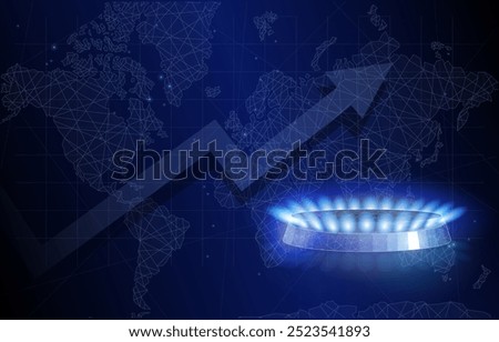 Vector illustration concept, gas flame on the background of a world map and arrow graphics, symbol of world trade, price of natural gas, business, global economy.