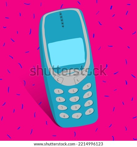 Fully editable hand drawn vector graphic of old mobile phone Nokia 3310 stylized for 80's or 90's - vintage, retro image.