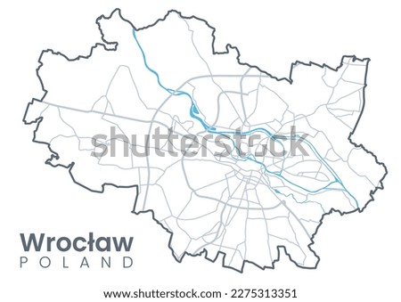 Urban Wroclaw map. Detailed map of Wroclaw, Poland. City poster with streets and Odra River. Light stroke version.