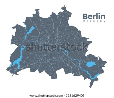 Detailed map of Berlin - the capital of Germany - Urban borders map. Dark fill version on dark background of City poster with streets.
