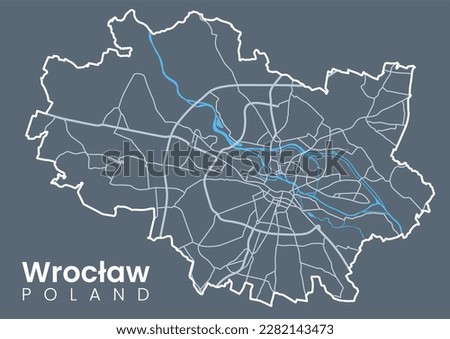 Urban Wroclaw map. Map of Wroclaw, Poland borders. Light stroke version on dark background.