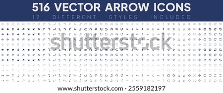 Mega Vector Arrows set containing 512 icons - arrow cursor collection in 12 different styles (outline, bold, thin, duo etc.). Isolated simple modern pictogram