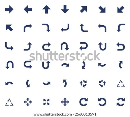 Vector icons set containing 42 arrows icon. Isolated arrow cursor collection. Simple modern pictogram shape - one color sharp style.