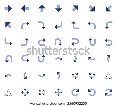 Vector icons set containing 42 arrows icon. Isolated arrow cursor collection. Simple modern pictogram shape - duotone sharp style (two colors).