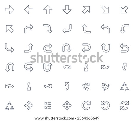 Vector icons set containing 42 arrows icon. Isolated arrow cursor collection. Simple modern pictogram shape - outline sharp style.