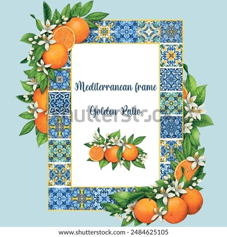 Watercolor mediterranean traditional tiles frame with oranges