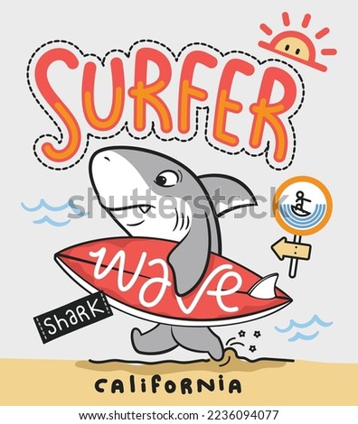 Cute shark cartoon with surfboard on beach isolated on white background illustration vector, for t-shirt print.