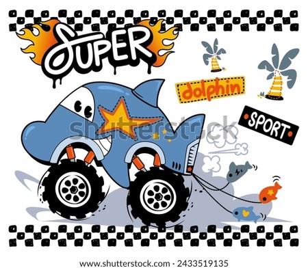 Happy racing monster truck cartoon and text 