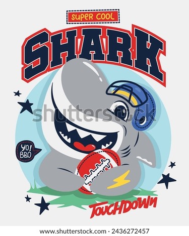 Cute shark cartoon hugs a ball on the green grass field. He played with fun on isolated background illustration vector.
