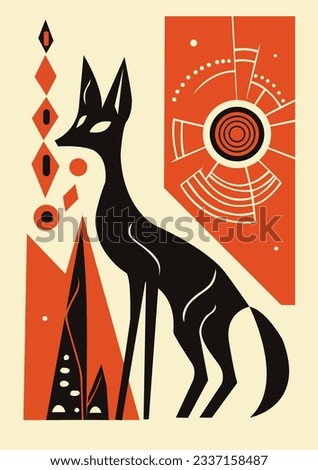 Abstract ethnic style vector illustration of coyote, fox, simple design, retro. Geometric form, unique style art. For poster, card, banner, logo, typography.