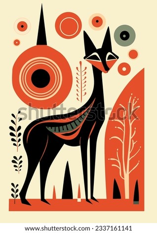 Abstract ethnic style vector illustration of fox, simple design, retro. Geometric form, unique style art. For poster, card, banner, logo, typography.