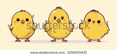 Set of cute yellow little cartoon chick isolated on background. Funny farm bird design, cartoon or comic style, logo, card. Vector Illustartion. Hand drawn. Funny characters. 