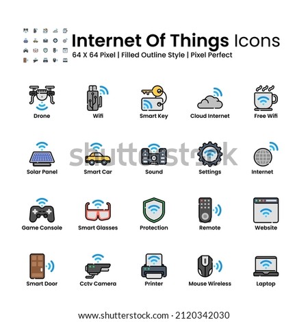 Internet Of Things Icon Set Filled Outline Style. Drone, Smart Car, Wireless And More. Editable Stroke. Perfect For Website, Apps, And Presentation 