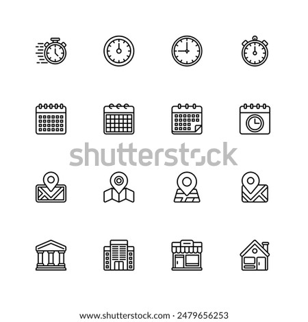 Time, Calendar, Location Building Icons Line Style Vector Illustration Design Element