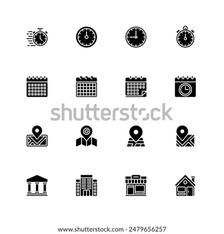 Time, Calendar, Location Building Icons Solid Style Vector Illustration Design Element