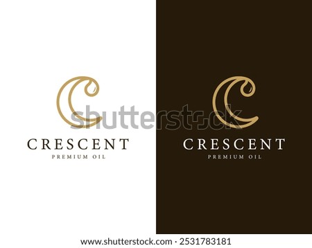 Initial letter C Cream Cosmetic Care with Waning Crescent Moon and Droplet Water Drop for Extract Essential Oil Beauty Cosmetic Logo design