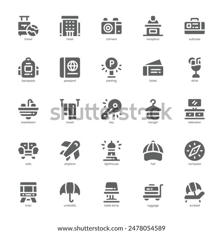 Travel and Hotel icon pack for your website, mobile, presentation, and logo design. Travel and Hotel icon glyph design. Vector graphics illustration and editable stroke.