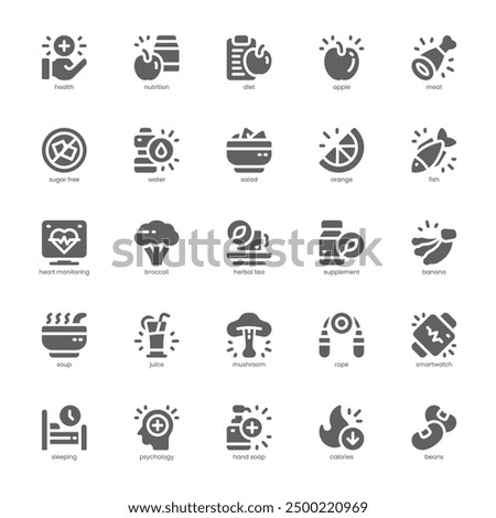 Health and Nutrition icon pack for your website, mobile, presentation, and logo design. Health and Nutrition icon glyph design. Vector graphics illustration and editable stroke.