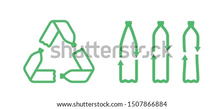 Recycle plastic bottle. Pet plastic bottles form mobius loop or recycling symbol with arrows. Eco pet use concept. Recycle icon. Set of recycling icons. Vector illustration