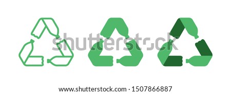 Pet plastic bottles form mobius loop or recycling symbol with arrows. Recycle plastic. Eco pet use concept. Set of recycling icons in different sytles - outline, glyph and flat.. Vector illustration