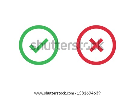 Check mark icons for web. Checkmark X symbols on white isolated background. Check mark signs in green and red colors. Circle symbols elements. Yes no web buttons. Vector illustration