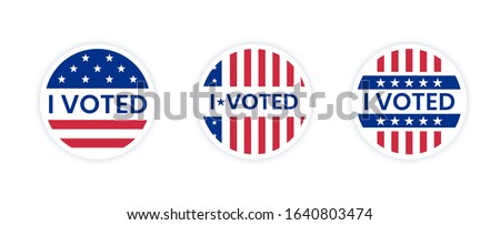 Set of I voted stickers with us american flag. Circle vote sticker or label. US, USA, american election, voting sign. I voted quote. Responsible voting badge or pin. vector illustration