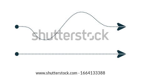 Paper plane flying along the dotted path through some points. Travel, shipment, delivery or trip concept. Airplane dashed route. Curved and straight line path. Vector illustration