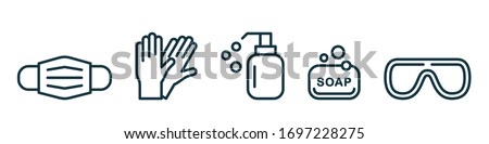 Personal protection equipment icons - medical mask, latex gloves, soap, dispenser, protective glasses. Coronavirus, covid 19 prevention items. Line, outline symbols. Mask icon. Vector illustration