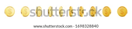 Set of rotating gold coins with dollar currency sign. 3d dollar coins. Golden money set. Applicable for gambling games, jackpot illustration. Vector illustration.