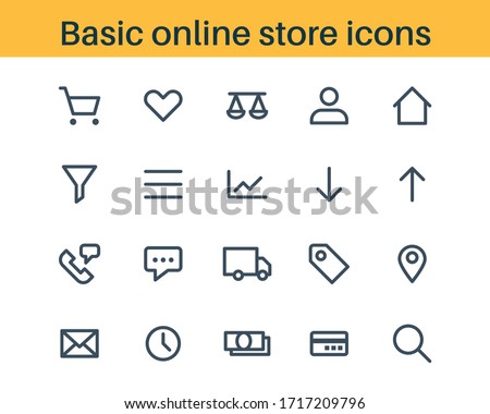 Set of basic outline icons for online store or shop. Line icons for internet store - cart, favorites, compare, catalog, sorting, contacts, delivery, payment by cash or credit cart, search. Vector sign