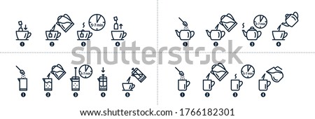Tea and coffee brewing instruction. Tea, coffee making, brew process icons. Hot drink brew instruction. Cup, mug, kettle, teapot icons. How to make hot drink with milk. Vector illustration Stock foto © 