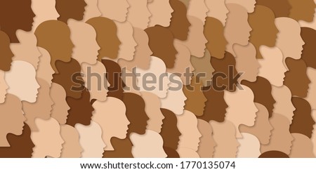 National diverse or race diverse concept. Female face silhouettes with variety of skin tones. People crowd, group. Female faces looking in one direction. Women's right concept. Vector illustration