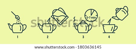 Tea or coffee brewing instruction. Tea, coffee making, brew process icons. Hot drink brew instruction. Cup, mug, kettle, teapot icons. How to make hot drink. Vector illustration Stock foto © 