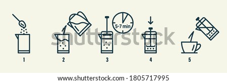 Tea or coffee brewing instruction. Tea, coffee making, brew process icons. Hot drink brew instruction. Cup, mug, kettle, teapot, french press icons. How to make hot drink. Vector illustration