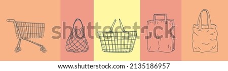 Shopping cart, mesh bag, paper bag, tote bag shopping basket in hand drawn outline style. Applicable for store, market illustration. Bag, Shopping cart in doodle style. eVector illustration