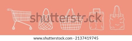 Shopping cart, mesh bag, paper bag, tote bag shopping basket in hand drawn outline style. Applicable for store, market illustration. Bag, Shopping cart in doodle style. eVector illustration