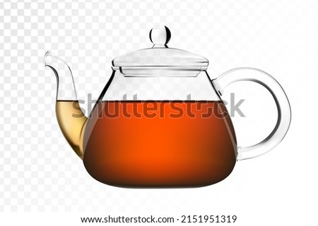 Glass teapot with brewed black tea on white isolated background. Realistic teapot or tea pot. Vector illustration
