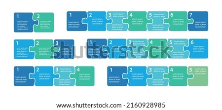 Steps infographics. Puzzle sequence. Two, three, four, five, six and seven elements of puzzle. Process, workflow infographics, plan elements. Presentation chart elements. Vector illustration