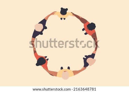 Group of people standing in a circle. Diversity concept. Top view. Diverse community or team. Men and women standing together. Cohesion, unity or solidarity concept. Flat vector illustration