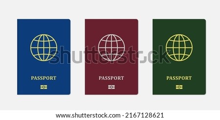 International passport templates on isolated background. E-passports with red, blue and green cover. Vector illustration