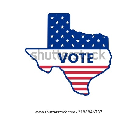 2022 midterm vote sticker. Texas state map with vote word. US state map. Texas silhouette with stars and stripes of American flag. Vector illustration