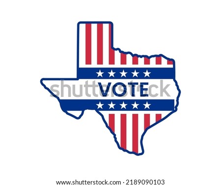 2022 midterm vote sticker. Texas state map with vote word. US state map. Texas silhouette with stars and stripes of American flag. Vector illustration